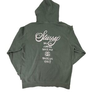 Stussy World Tour Hoodie XXL Sage Green Faded Graphic Fleece Pullover Mens